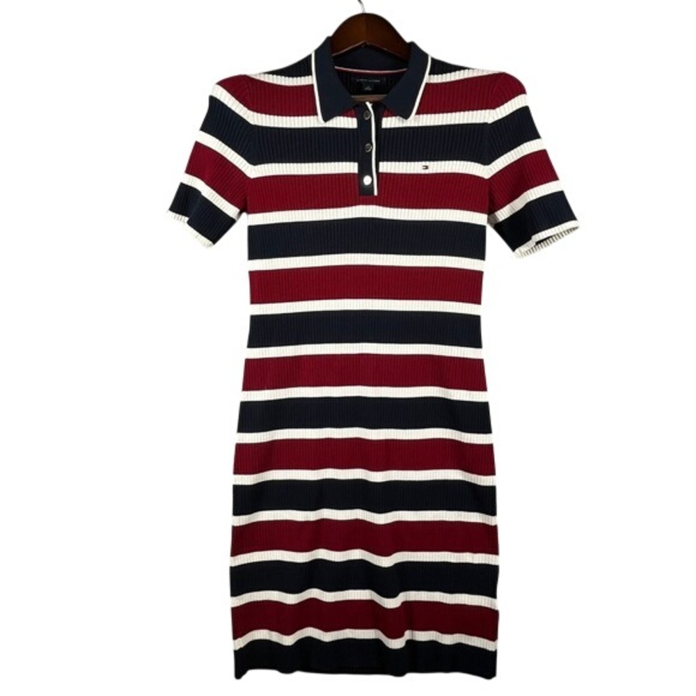 Tommy Hilfiger Womens S Ribbed Polo Dress Striped Navy Red White Preppy Rugby